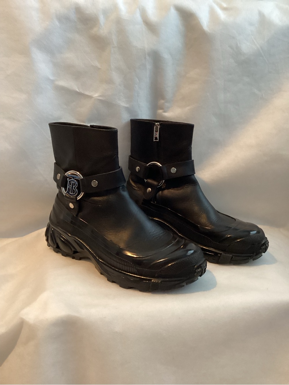 Burberry Black Leather/Rubber Buckled Ankle Boots, Size 38